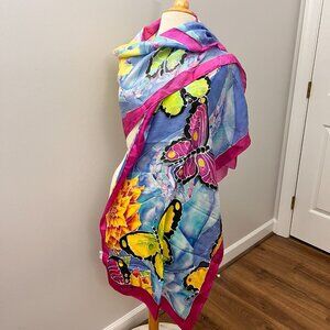 Lisa Womack Hand Painted Silk Scarf Floral Butterflies Sun Artist Signed